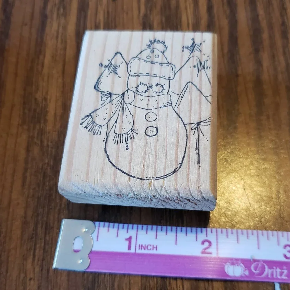 CHERI Wood Mounted Rubber Stamp Holiday Snowman With Trees
